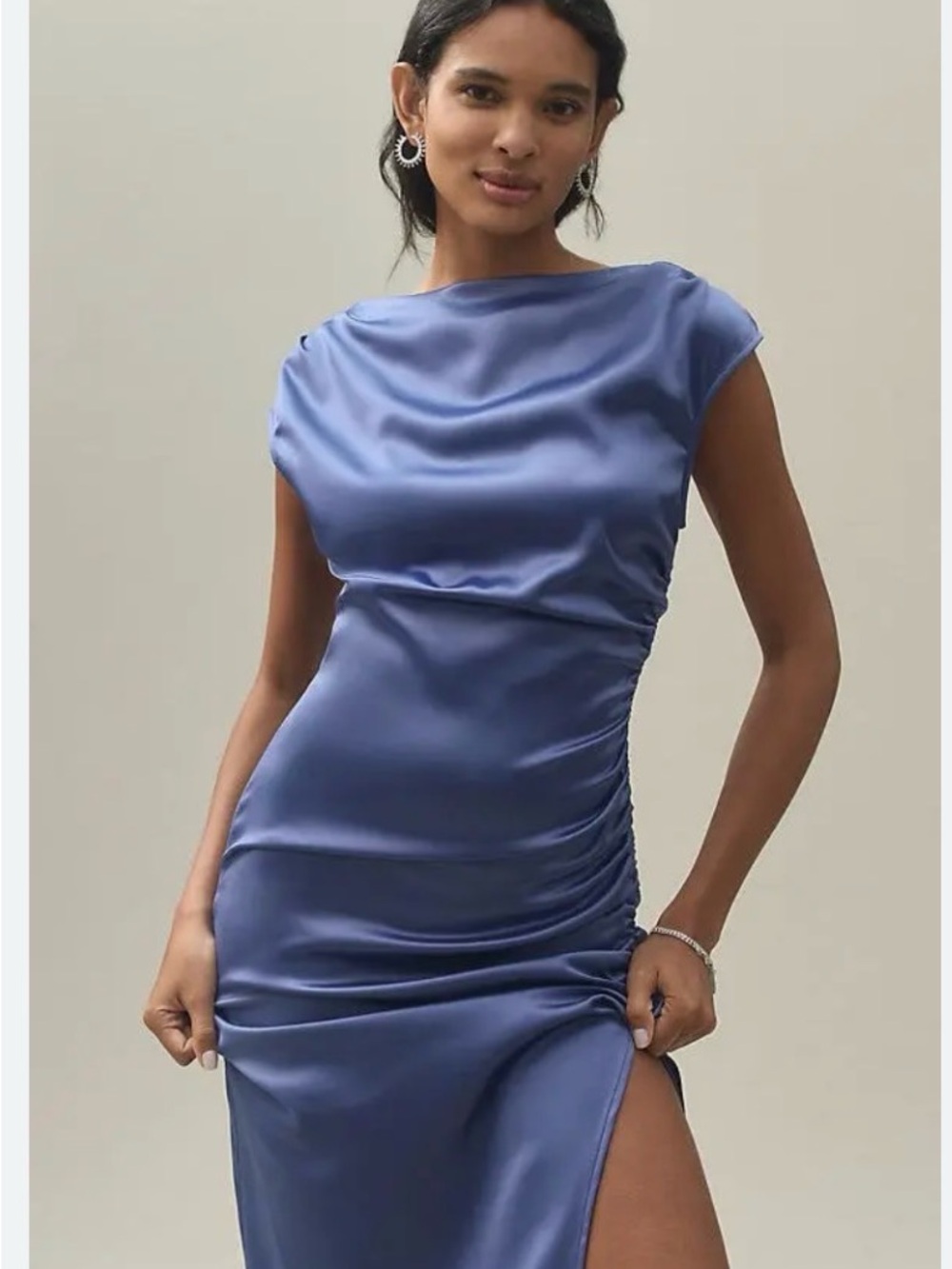 NWT….Anthrologie BHLDN Satin Ruched Cap-Sleeve Midi Dress in Periwinkle